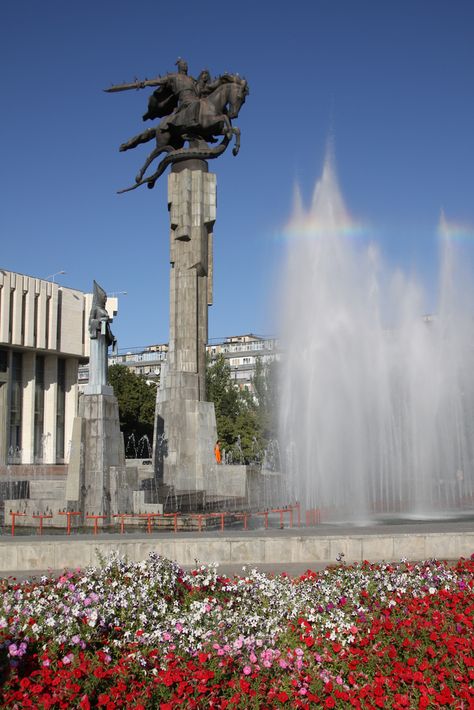 Manas Statue & Philharmonic Hall, Bishkek, Kyrgyzstan Kazakhstan Photography, Kyrgyzstan Travel, Kyrgyzstan Aesthetic, Kyrgyzstan People, Bishkek Kyrgyzstan, Tian Shan, Kazakhstan Travel, Building Concept, Travel Vlog