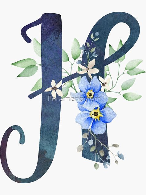 "Monogram H Wild Blue Flowers" Sticker by floralmonogram | Redbubble Dairy Drawing, Praying Emoji, Letter H Design, Free Monogram Fonts, Textured Lettering, Bee Artwork, Hand Lettering For Beginners, H Letter, Floral Font