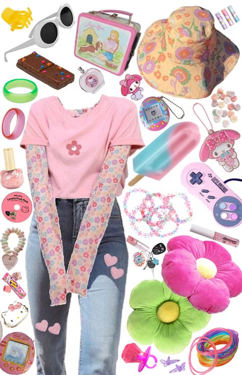 Y2k Kawaii Aesthetic, Kawaii Kidcore Outfit, Alien Core Aesthetic Outfits, Bubblegumcore Outfits, Cartooncore Outfit, Kawaii Cottagecore Outfits, Pink Kidcore Outfit, Soft Kidcore Aesthetic Outfit, Soft Kidcore Outfits