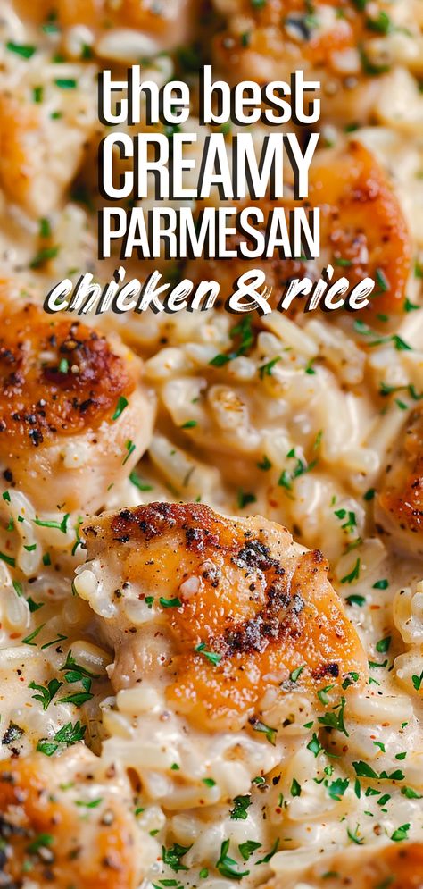 One-Pan Creamy Parmesan Chicken & Rice [40 Minutes] – Chasety Good Chicken Recipes Dinner Tonight, Easy Dinner Recipes Family Of 4, Chicken Rice Parmesan Recipe, Meaty Meals Dinners, Chicken Bulk Meal Prep, Family Meals With Rice, Healthy Fun Dinner Recipes, Sunday Chicken And Rice, Chicken Shrimp Rice Recipes