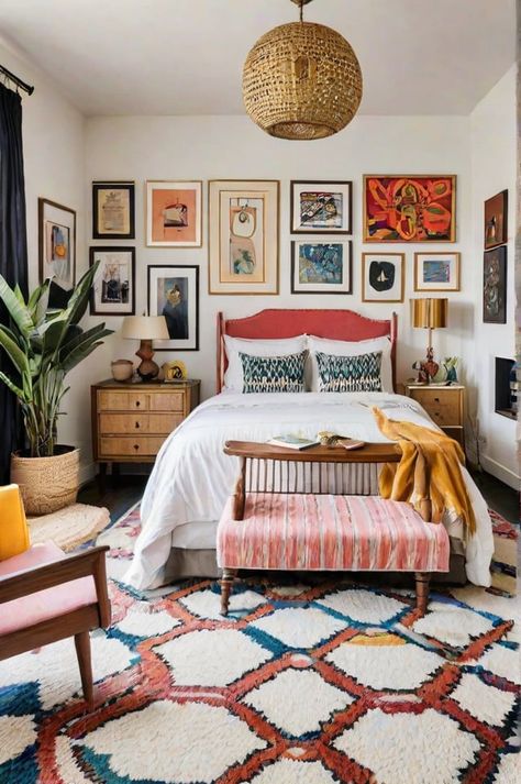 Scandi Eclectic Bedroom, Cottage Eclectic Bedroom, Colorful Bedroom White Walls, Bedroom Inspirations Funky, Gold Brass Bed Bedroom Ideas, Eclectic Bedroom Colorful, Colorful Primary Bedroom, Red Bedroom Ideas Aesthetic, All White Bedroom With Pops Of Color