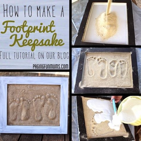 Bring home some sand from the beach and make footprints in the sand wall art. For little feet, big feet, or pooch paws! Featured on Completely Coastal: http://www.completely-coastal.com/2014/04/make-footprints-in-sand-art.html Sand Footprint, Footprint Keepsake, Footprint Craft, Diy Plaster, Footprint Crafts, Footprint Art, Beach Crafts, Crafty Craft, Baby Crafts