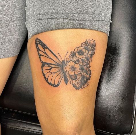 Thigh Tattoo Black Women, Butterfly Tattoo On Thigh, Small White Tattoos, Tattoo Black Women, Tattoos Black And White, Butterfly Thigh Tattoo, Tattoo On Thigh, White Tattoos, Hip Thigh Tattoos