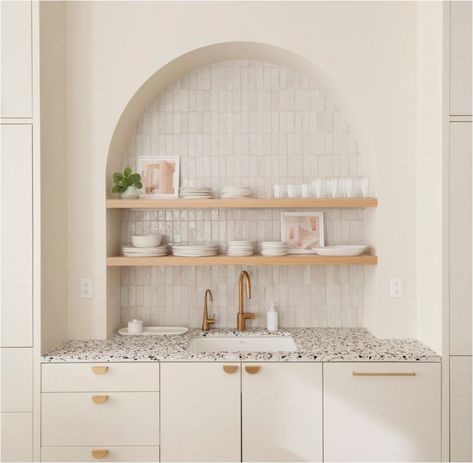 Architectural Trend: Arched Niches | Centsational Style Bar Niche, Wall Coffee Bar, Built In Coffee Bar, Cle Tile, Living Etc, Home Coffee Bar, Tile Trends, Zellige Tile, Glazed Tiles