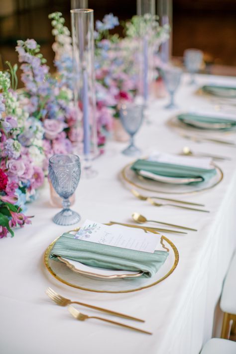 Lilac And Sage Centerpieces, Lilac Purple And Emerald Green Wedding, Wedding Table Settings Lavender, Purple Wedding Place Settings, Purple And Sage Wedding Centerpieces, White Green Purple Blue Wedding, Pink Purple White Green Wedding, Sage Purple Wedding, Lilac Green And Gold Wedding