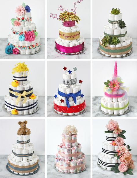 This is the best diaper cake tutorial! Everything you've ever wanted to know. Step by step instructions and tons of cute decorating ideas. Diaper Cake Tutorial, Diaper Cakes Tutorial, Diaper Cake Instructions, Diy Diaper Cake, Girl Diaper Cake, Diaper Gifts, Idee Babyshower, Nappy Cake