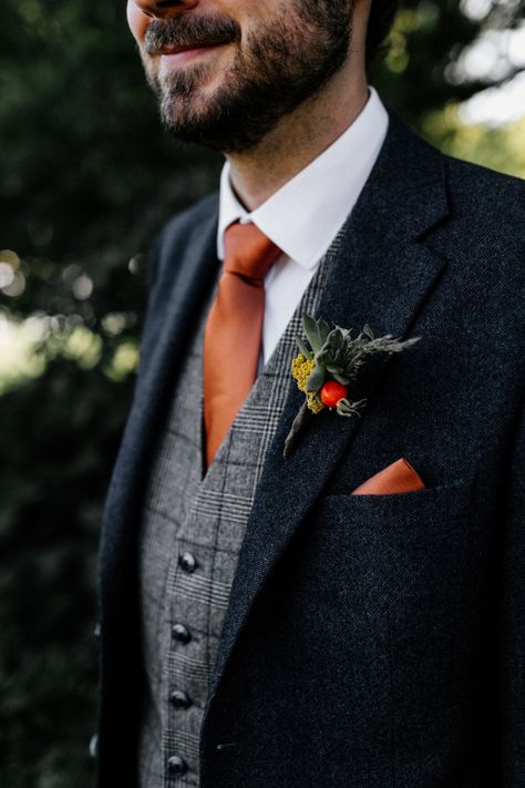 Groom In Check Waistcoat With Orange Tie And Buttonhole | By Epic Love Story | Groom Outfit | Buttonhole for Groom | Navy Wedding Suit | Three Piece Suit For Groom | Preston Court Wedding | Magical Wedding | Stars Wedding Theme | Kent Wedding Venue | Boho Wedding Men In Three Piece Suits, Men Navy Wedding Suit, Wedding Man Costume, Groom Suits For Wedding Fall, Non Traditional Groom Suit, October Wedding Suits, Mens Suit Ideas For Wedding, Navy Three Piece Suit Groom, November Groom Suit