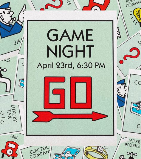 YA Game night graphic created on procreate Game Night Event, Monopoly Design Inspiration, Game Night Graphic Design, Board Game Poster Design, Game Night Graphic, Monopoly Graphic Design, Game Night Poster Design, Procreate Invitations, Board Game Graphic Design