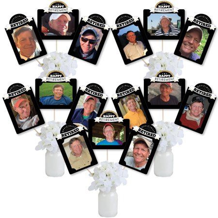 Display your favorite photos during the Happy Retirement party with Photo Table Toppers. Photo Table Toppers is a set of 15 heavy-duty cardstock paper photo holder pieces and 15 table topper sticks to create retirement party picture centerpiece sticks. Each photo holder has 4 pre-cut slits to tab your own 4x6 photo - 10 vertical photo holders and 5 horizontal photo holders. Do-it-yourself assembly is required to easily tab your own photo and then attach the table topper sticks to the completed H Retirement Party Centerpieces, Happy Birthday 60, Happy Birthday 40, Picture Centerpieces, Paper Picture Frames, 100 Birthday, Diy Centerpiece, Photo Table, Homecoming Pictures