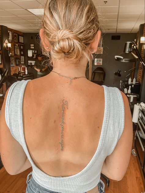 spinal quote tattoo #spinetattoo #quotetattoo Breathe Spine Tattoo, Spine Tattoo Ideas Quotes, Women Spine Tattoo Ideas Quotes, Back Tattoos For Women Spine, Cute Back Tattoos For Women, Bible Verse Spine Tattoo, Tattoos For Women Spine, Women Spine Tattoo Ideas, Scapula Tattoo