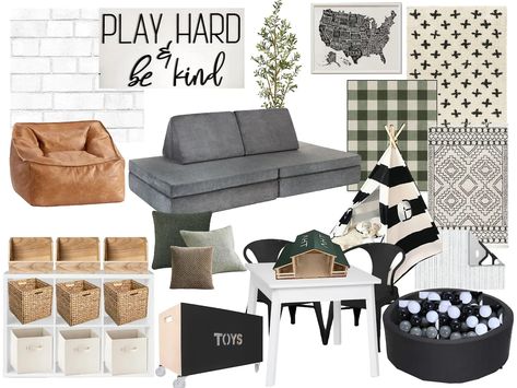 Modern Farmhouse Playroom Ideas, Black And Wood Playroom, Playroom Modern Decor, Black Couch Playroom, Farmhouse Toy Room, Modern Rustic Playroom, Black White And Green Playroom, Modern Farmhouse Loft Space, Modern Playroom Design