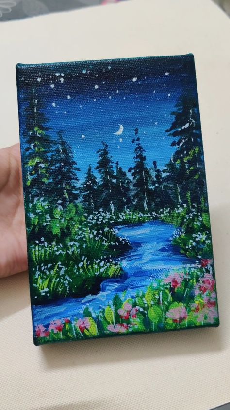 Acrylicpainting techniques beautiful scenery moon stars trees beautiful landscape painting Midnight Canvas Painting, 11x14 Painting Ideas, Mini Canvas Art Landscape, 6x8 Canvas Painting Ideas, Painting Ideas On Canvas Meaningful, Scenic Painting Easy, Night Aesthetic Painting, Canvas Painting Ideas Scenery, Cute Things To Paint On Canvas Aesthetic