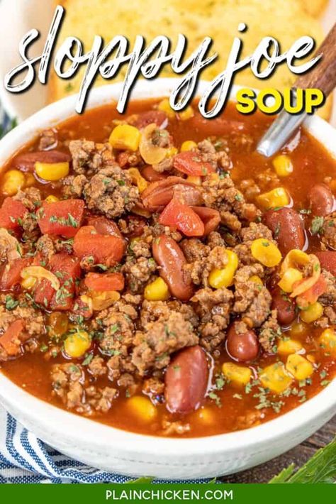 Sloppy Joe Soup, Sloppy Joe Seasoning, Soup And Stew Recipes, Slow Cooker Chicken Chili, Tomato Tortellini Soup, Homemade Soup Recipe, Plain Chicken, Weekly Meal Plan, Delicious Soup Recipes