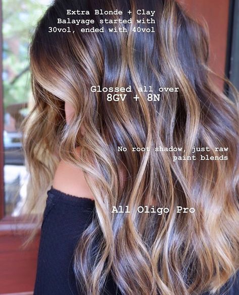 Hair Color - Damage Free 🌱 on Instagram: “The perfect road map for the fall balayage you’re looking for 🍁  #glossgetter: @colour.jade” Oligo Calura Hair Color Formula, Oligo Calura Gloss Formulas, Root Smudge Brunette, Spring Highlights, Shades Formulas, Redken Formulas, Toner Formulas, Hair Formulas, Fall Balayage