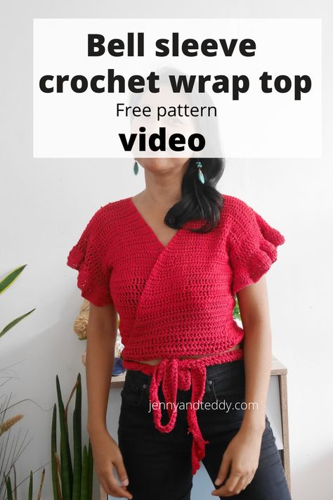 Easy crochet bell sleeve wrap top with step by step video tutorial on jennyandteddy crochet blog made with cotton dk weight yarn. Crochet Wrap Top Pattern, Crochet Wrap Top, Wrap Top Pattern, Diy Crochet Cardigan, Crochet Cal, Crochet Bell, Crochet Tee, Crochet Bell Sleeve, Crochet Jumper