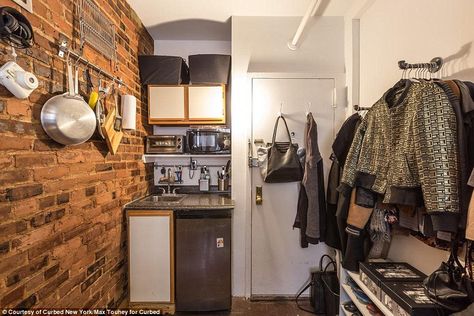 Steal: The small space costs just $750 a month - which is extremely low compared to the $3,200 median rent for the neighborhood Tiny City Apartment, Nyc Micro Apartment, Apartment Therapy Living Room, Office Nyc, Små Rum Lidt Plads, West Village Apartment, Rv Bedroom, Ideal Kitchen, Micro Apartment