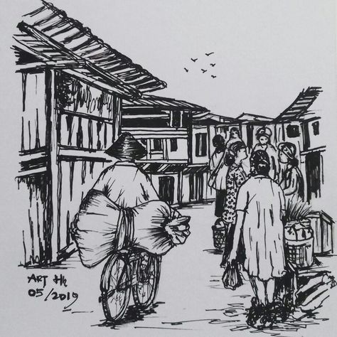 Village Market Scene Drawing, Sketches Landscape, Pencil Sketches Landscape, Village Scene Drawing, Composition Drawing, Drawing Scenery, Human Figure Sketches, Perspective Drawing Architecture, Scene Drawing