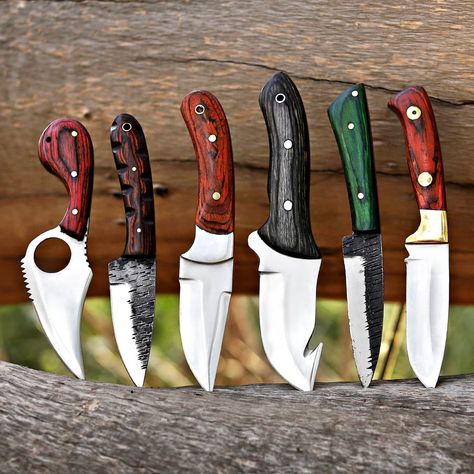 Custom Handmade Unique Set/Lot of 6 Different Knives with leather sheath - Best Gift For Him / Her These can serve purpose as hunting knives, skinners and as chef knives set too. Different designs and materials made this set a unique gift for your loved ones. Blade Material: All knives are made of Carbon Steel Handle Material: All knives have wooden handle Note: Package contains 6 knives same as shown in pictures. These superb design knives are hand forged and comes in belt supportive lea... Tool Knives, Tool Blade, Kitchen Utility, Best Gifts For Him, Knife Gifts, Chef Knives, Chef Knife Set, Custom Knife, Handmade Knives