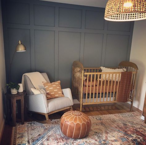 Nursery With Leather Chair, Craftsman Style Nursery, Nursery Ideas Moody, Nursery With Fireplace, Green And Rust Nursery, Dark Green Nursery Girl, Craftsman Nursery, Dark Baby Room, Moody Baby Nursery