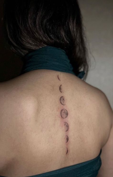 Moon Phase Spinal Tattoo, Planets Spine Tattoo, Phases Of The Moon Tattoo Spine, Moon Cycle Tattoo Spine, Moon Stages Tattoo, Solar System Spine Tattoo, Moon Phases Spine Tattoo, Moon Tattoo Spine, Celestial Spine Tattoo