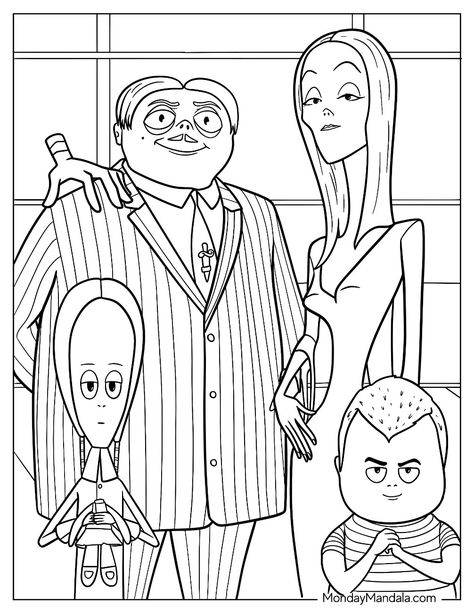 Addams Family Coloring Pages (Free PDF Printables) Wensday Adams Coloring Pages, The Addams Family Drawings, Addams Family Drawings Easy, Family Coloring Pages Free Printable, Addams Family Coloring Pages, Adams Family Drawing, Wednesday Addams Coloring Pages, Wednesday Coloring Pages, Addams Family Cartoon