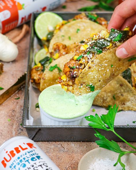 Crispy Shrimp And Poblano Tacos, Shrimp And Poblano Tacos, Shrimp Poblano Tacos, Poblano Shrimp, Shrimp Poblano, Birria Recipes, Crispy Shrimp Tacos, Poblano Tacos, Cilantro Crema