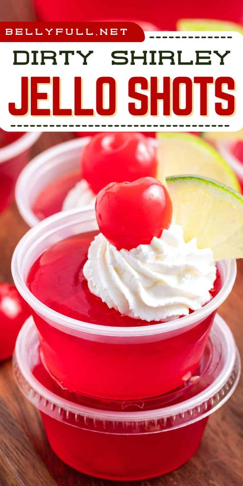 Kick off your summer party with our Dirty Shirley Jello Shots recipe! These fun, easy summer cocktails combine cherry jello, lemon-lime soda, grenadine, and vodka for a nostalgic twist. Perfect as an alcoholic 4th of July beverage! Crazy Cocktails, Cherry Jello Shots, Jello Shots Vodka, Shirley Temple Drink, Pineapple Jello, Dirty Shirley, Cranberry Jello, Jello Flavors, Bachelorette Drink