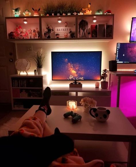 Perfect TV set up for a bedroom or for a living room in a small apartment. I love that the shel… | Small apartment living room, Apartment living room, Bedroom setup Small Space Storage Bedroom, Bedroom Storage For Small Rooms, Tv Set Up, Small Game Rooms, Bilik Idaman, Diy Bedroom Storage, Tv Set, Bedroom Setup, Small Apartment Living Room