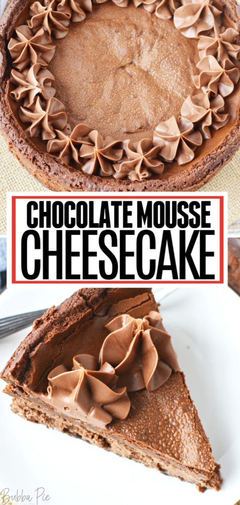 This Chocolate Mousse Cheesecake Recipe is a smooth and creamy dessert on on a buttery chocolate graham cracker crust. Topped with a light chocolate frosting, this will definitely give you the chocolate fix you are craving! #cheesecake #chocolatemoussecheesecake #dessertrecipes Light Chocolate Frosting, Holiday Cheesecake Recipes, Cheesecake Mousse Recipe, Chocolate Mousse Cheesecake, Mousse Cheesecake, Chocolate Graham Cracker Crust, Comfort Food Desserts, Cheesecake Mousse, Chocolate Mousse Recipe