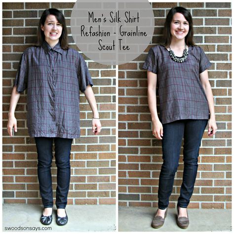 Silk Man’s Button Up Shirt Refashion from Swoodson Says - see how to turn a baggy mens shirt into a chic women's top! This creative refashion upcycles a silk shirt with a few simple steps. #refashion Umgestaltete Shirts, Shirt Makeover, Mens Shirt Refashion, Cut Up Shirts, One Direction Shirts, Shirt Refashion, Matching Couple Shirts, Old Shirts, Tie Dye Shirts