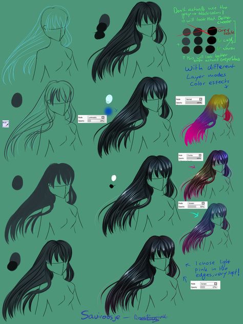 Step By Step - Black Hair tut by Saviroosje on DeviantArt How To Shade Black Hair Anime, Shading Black Hair Digital, Black Hair Shading Drawing, Black Hair Shading Tutorial, How To Render Black Hair, How To Shade Black Hair Digital, Black Hair Shading, Hair Rendering, Rendering Tutorial