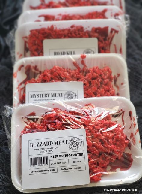 Raw Meat Rice Krispies Halloween Treats Qtip Halloween Treats, Ground Beef Rice Krispie Halloween, Fake Meat Rice Krispies, Road Kill Rice Krispie Labels, Meat Rice Crispies, Rice Crispy Meat Halloween, Halloween Raw Meat, Brain Rice Crispy Treats, Mystery Meat Rice Krispies