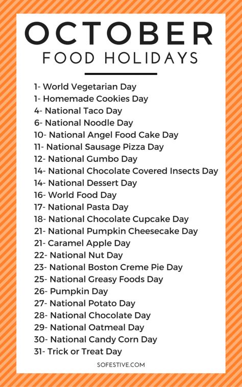 Monthly Holidays, National Holiday Calendar, Silly Holidays, October Food, National Dessert Day, World Vegetarian Day, Monthly Celebration, Food Holidays, October Holidays