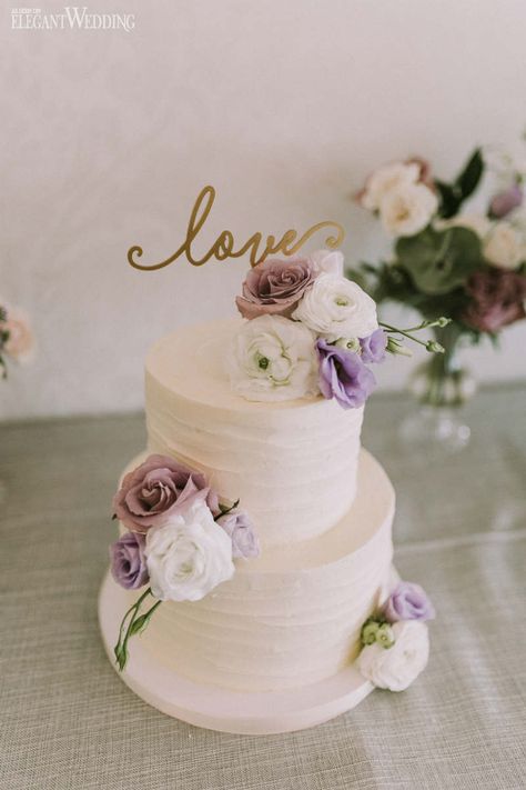 Wedding Cake Purple Flowers, Wedding Cake Purple, Purple Flower Wedding, Wedding Cake Buttercream, Buttercream Wedding Cakes, Flower Wedding Cake, 2 Tier Wedding Cakes, Elegant Garden Wedding, Cake Purple