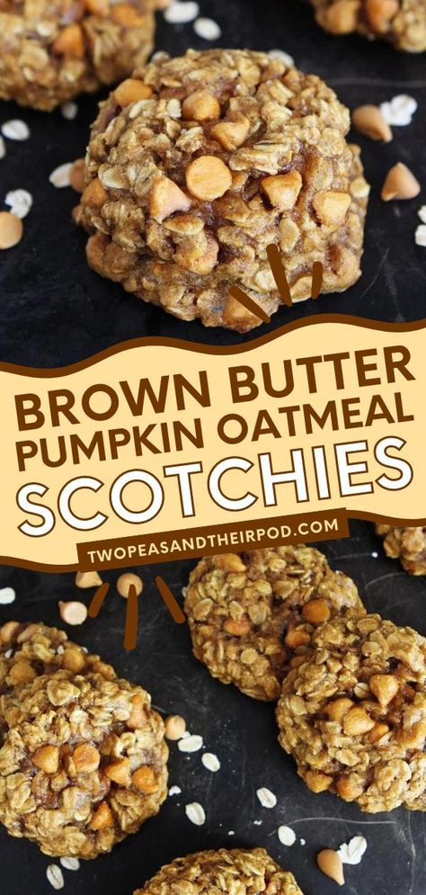 Brown Butter Pumpkin Oatmeal Scotchies is a delicious pumpkin recipe that starts with brown butter oatmeal cookies dotted with butterscotch chips. Add these homemade cookies to your Thanksgiving desserts or Fall food ideas! Soft And Chewy Oatmeal Cookies, Butterscotch Chip Cookies, Oatmeal Scotchies, Chewy Oatmeal Cookies, Pumpkin Oatmeal Cookies, Pumpkin Cookie Recipe, Pumpkin Cookie, Oatmeal Cookies Chewy, Pumpkin Oatmeal