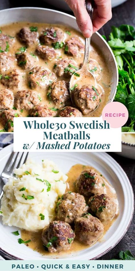 These Paleo Swedish meatballs in a creamy gravy, with dairy-free, Whole30 friendly mashed potatoes are pure comfort food for cold nights. Made with real-food ingredients, gluten-free, dairy-free, family approved! Meatballs With Mashed Potatoes, Paleo Swedish Meatballs, Gluten Free Dairy Free Dinner, Whole 30 Lunch, Whole30 Dinner Recipes, Whole 30 Meal Plan, Easy Whole 30 Recipes, Mashed Potatoes Recipe, Whole30 Dinners