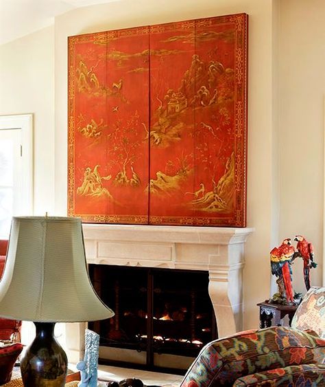 RL Goins Red Coromandel Screen - hide the TV #chinoiserie Hide Tv Over Fireplace, Concealed Tv, Tv Cover Up, Screen Interior, Hide Tv, Cookies Art, Tv Over Fireplace, Tv Ideas, Hidden Tv