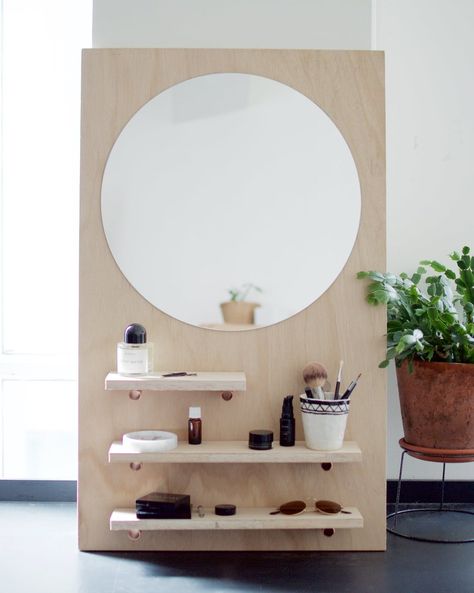 DIY Pine Make Up Vanity | Collective Gen Diy Round Mirror, Minimalist Bathroom Furniture, Mirror Dresser, Beautiful Vanity, Storage Solutions Bedroom, Diy Vanity, Wooden Shelf, Diy Interior, Minimalist Bathroom