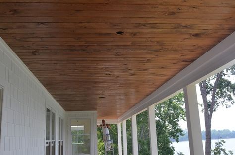 stained beadboard ceiling porch | love this stain. i think it’s called early americana. it’s the ... Stained Beadboard Ceiling, Beadboard Porch Ceiling, Stained Beadboard, Porch Oasis, Walkout Basement Patio, Groove Ceiling, Pergola Plans Design, Porch Wood, Backyard Adventure