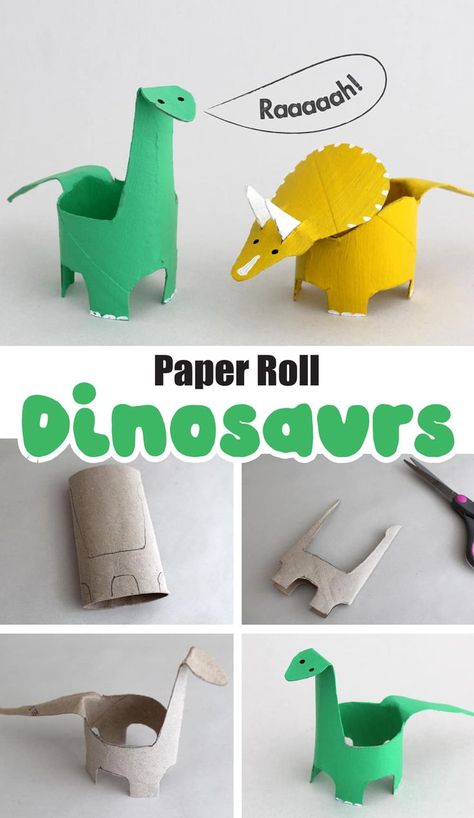 Dinosaurs made from toilet rolls with steps showing how to make them Dino Craft, Dinosaur Craft, Paper Dinosaur, Instruções Origami, Dinosaur Crafts, Toilet Paper Roll Crafts, Paper Roll Crafts, Kids' Crafts, Crafts For Kids To Make