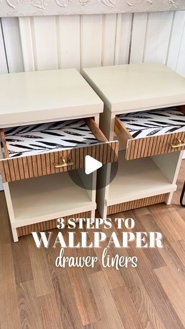 Emily Marlett | Furniture Flips | Home DIY on Instagram: "Applying wallpaper to drawers is an easy way to elevate the look of your flips!

How to do it:
1. Flip the drawer over & align the wallpaper against it. Trace & cut the wallpaper to size (leaving about 1 inch extra on each end)
2. Peel the wallpaper film on one side & smooth it evenly across the drawers using an old credit card or plastic putty knife. Peel the wallpaper film back as you apply.
3. Use a plastic wallpaper pen (my favorite tool) or a razor blade to cut off the excess material on the corners!

❤️ SAVE this reel to refer back to for later & follow along for more furniture flipping tips!

#furnitureflippers #furnitureflippersofinstagram #furnitureflip #wallpaper #furnitureupcycle #furnituremakeover #furniturebeforeandafte Repair Drawer Face, Wallpaper Lined Drawers, How To Apply Wallpaper To Furniture, Tools For Furniture Flipping, How To Replace Drawer Slides, Flipping Furniture, Upcycled Furniture, Furniture Projects, Refinishing Furniture