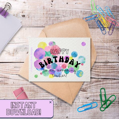 "Teacher Birthday Card | Happy Birthday to an Amazing Teacher! | Digital Printable Card | Teacher gifts This colourful card is perfect to give to your child's school teacher, or even to a co-worker in your school! Simply download the files, and print them as many times as you need. Great to pair with gifts for teachers, as you wish them a happy birthday🎈 These digital cards are printable at home or at a print shop, and super fast to create! Follow the instructions shown in my listing photos. Ea Greetings For Teachers, Happy Birthday Teacher, Six Month Birthday, Teacher Birthday Card, Happy Half Birthday, Class Birthdays, Teacher Posters, Teacher Birthday, Half Birthday