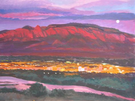 Sandia Mountains Paintings Art | Landscapes - Schuyler Art Mountain Sunset Painting, Fabric Art Tutorials, Sandia Mountains, Mountains Painting, Mountain Drawing, Western Landscape, Mexico Art, Art Landscapes, Land Of Enchantment