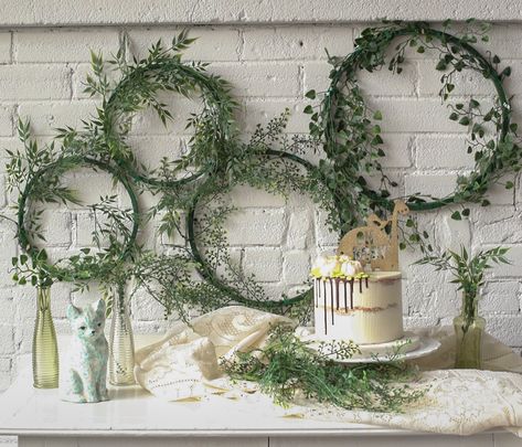 These easy DIY Foliage Wreaths are a great way to add a pretty wall design to a room or an event on a budget. | DIY, wedding shower, party decor, homemade party decorations, budget party planning, wedding decor, wedding shower, baby shower decorations, decorating with foliage, botanical wreath, artificial foliage crafts, wall decor ideas Crafts Wall Decor, Homemade Party Decorations, Botanical Wreath, Diy Wedding On A Budget, Wedding Shower Party, Budget Party, Foliage Wreath, Wedding Shower Decorations, Easy Backdrops