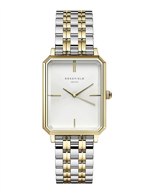 The Rosefield Elles features a rectangular white dial and 2 tone bracelet style strap.-23x29mm goldtonecase-2 tone braceletstrap-Rectangularwhite dial-2 year warrantyStainless Steel Rosefield Watches Women, Rosefield Octagon, Rosefield Watches, Rosefield Watch, Police Jewelry, High Fashion Accessories, Modern Watches, Bracelet Style, Gold Case