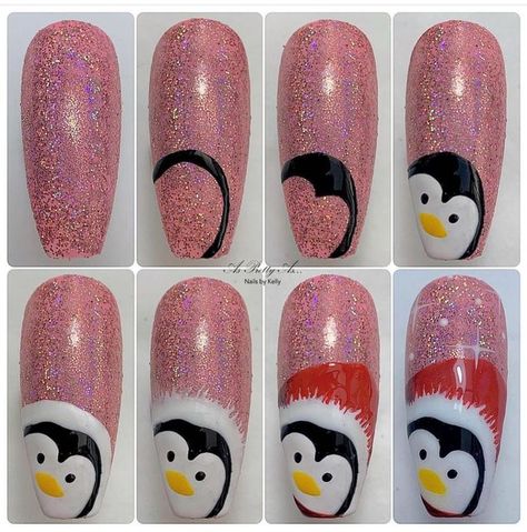 Penguin Nail Art, Penguin Nails, Xmas Nail Designs, Acrylic Nails Almond Shape, Nail Art Noel, Quick Nail Art, Xmas Nail Art, Fruit Nail Art, Halloween Nails Easy