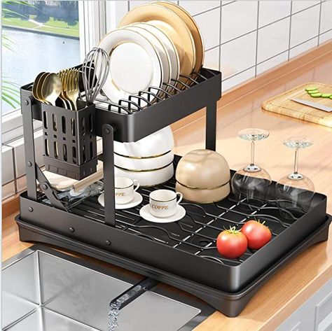 Amazon.com - PXRACK Dish Drying Rack, Collapsible 2 Tier Stainless Steel Dish Rack and Drainboard Set for Kitchen Counter, Large Rustproof Dish Drainer with Removable Water Tray, Utensil Holder, Black - Organiser Cucina, Kitchen Dish Rack, Flatware Caddy, Kitchen Sink Storage, Cutlery Holder, Dish Drainers, Sink Storage, Dish Rack, Joseph Joseph