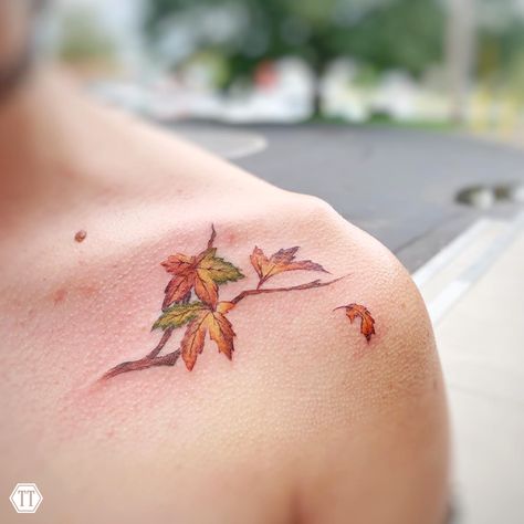 Autumn Botanical Tattoo, Tree With Leaves Tattoo, Maple Leaf Branch Tattoo, Fall Color Tattoo, Maple Branch Tattoo, Aspen Leaves Tattoo, Fall Leaves Tattoo Autumn, Fall Trees Tattoo, Fall Sleeve Tattoo