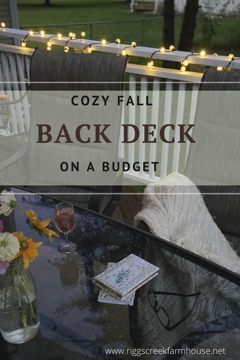 Bistro light, fresh cut flowers and a crisp glass of wine on a back deck Fall Deck Decorating Ideas Cozy, Cozy Back Patio Ideas, Fall Deck Ideas, Cozy Deck Decorating Ideas, Cozy Deck Ideas, Cozy Back Deck, Cozy Back Patio, Deck Ideas Decorating, Cozy Deck