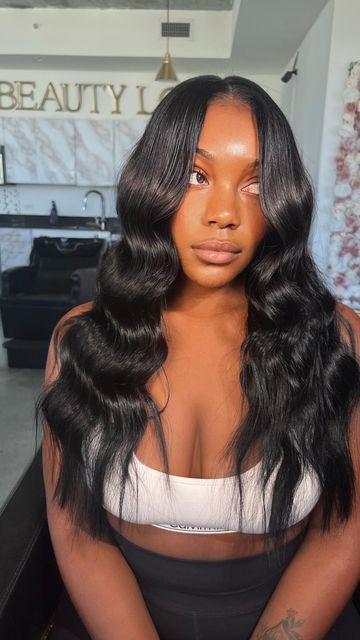 Middle Part Sew In Beach Waves, Middle Part With Beach Waves, Beach Waves Lace Wig, Beach Waves Weave Black Women, Beach Waves Frontal Wig, Wig Beach Waves, Beach Waves On Wig, Beach Waves Middle Part, Beach Wave Hair Black Women